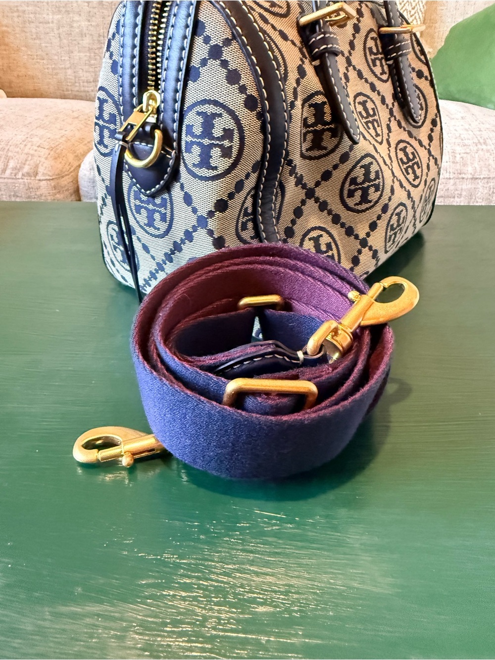 Authentic Tory Burch T Logo Navy and Cream Canvas Satchel with strap. Medium - Picture 10 of 14